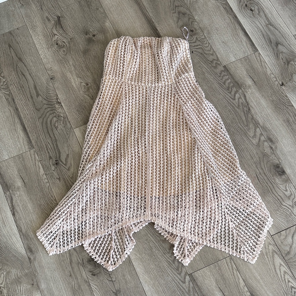 Lulu’s Beige Crochet Overlay Strapless Dress with Asymmetrical Flouncey Skirt